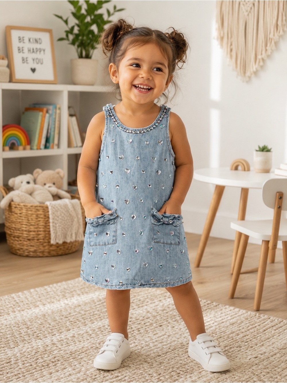 Lola + The Boys Crystal Heart Denim Bow Dress 2T (014)